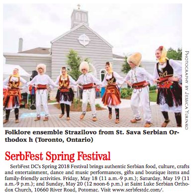 Thank you @PotomacAlmanac for featuring our @serbfestdc Spring Festival!

#potomacmdevents #kidfriendlyevent #foodanddrinks #culturaleventdc #culturaleventmd #liveentertainment #musicalacts #danceperformances #serbianfoodanddrink #springfestival #rainorshine #freeevent