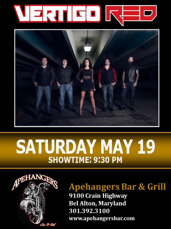 Join us Saturday, May 19th at Apehangers in Bel Alton, MD.  Showtime: 9:30 pm.  #vertigoredrocks