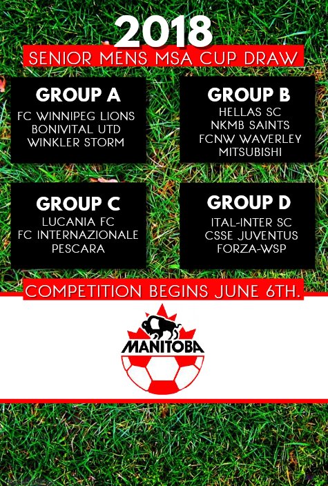 ManitobaSoccer's tweet photo. We are pleased to announce that 12 Senior Men's teams will be participating in this year's MSA Cup. Please see below for the results of the draw. Matches will take place June 6, 13, and 20 at RCSC. Stay tuned for the youth draws which will be released at a later date. #MSACUP https://t.co/DrSnZWCbcw