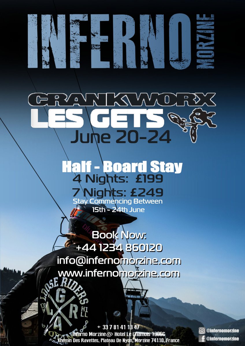 InfernoMorzine's tweet photo. Crankworx is just over 4 weeks away! 

Book Now!
Only £249 for 7 Nights Half Board!

https://t.co/8Wyfg8VQIG

For more info:
Message us on Facebook 
Call us on: +44 1234 860120 
Email us at: info@infernomorzine.com https://t.co/3rHLHQHMFb