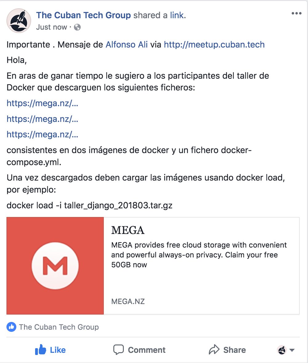 DockerCuba's tweet photo. 2018/05/20 #CubanTech #meetup about #Python #Django in #Havana #Cuba powered by @Docker . Read instructions , install it and load them images . C u there ! @aalih @olemislc @med_merchise @g3rv4 @TheCubanTech @ThePSF @stackoverflow https://t.co/XD66Qab7qs