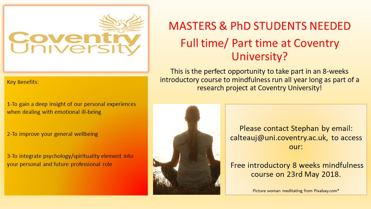 StephanCalteau's tweet photo. RT 8 weeks mindfulness course for Postgraduate's health and wellbeing starting next Wednesday 10am -12noon in room Charles Ward G08 led by world leader in mindfulness Dav Panesar. Contact me for more info. 
@CU_HLS @CUCoventry @CU_ReCap @cucampusupdates @cusu https://t.co/g4IM2fnNvu