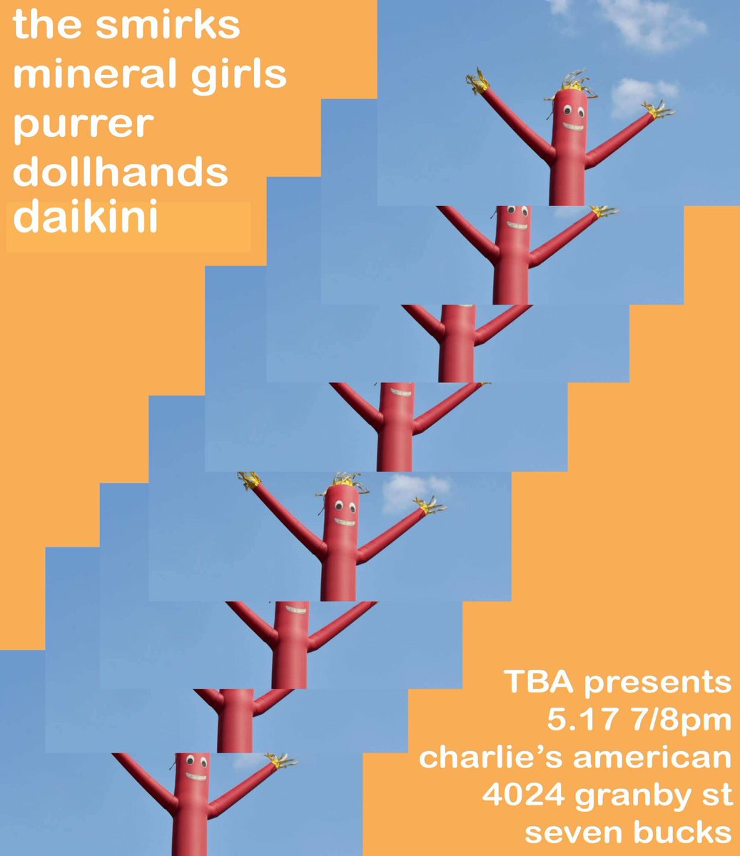 Get to the gig tonight! <a href="/TheSmirks/">TheSmirks</a> are joined by Purrer (<a href="/friendsrecords/">Friends Records</a>) <a href="/mineralgirls/">binimrkim</a>, and @dolllhands with townies Daikini opening. doors at 7, 7 bucks, 4024 Granby! 🏄‍♀️