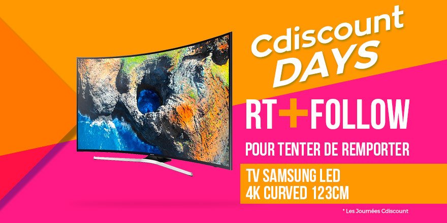 Cdiscount's tweet photo. 🎁 #Concours 

👌 À gagner pour les #CdiscountDays : TV LED 4K UHD avec écran incurvé de 123cm  👉 https://t.co/cNFb6QZUtv

🔸 Pour tenter votre chance : 
RT + Follow @Cdiscount

☑️ TAS 25/05

Règlement : https://t.co/ceeUzzjUTg https://t.co/FTInty3mMy