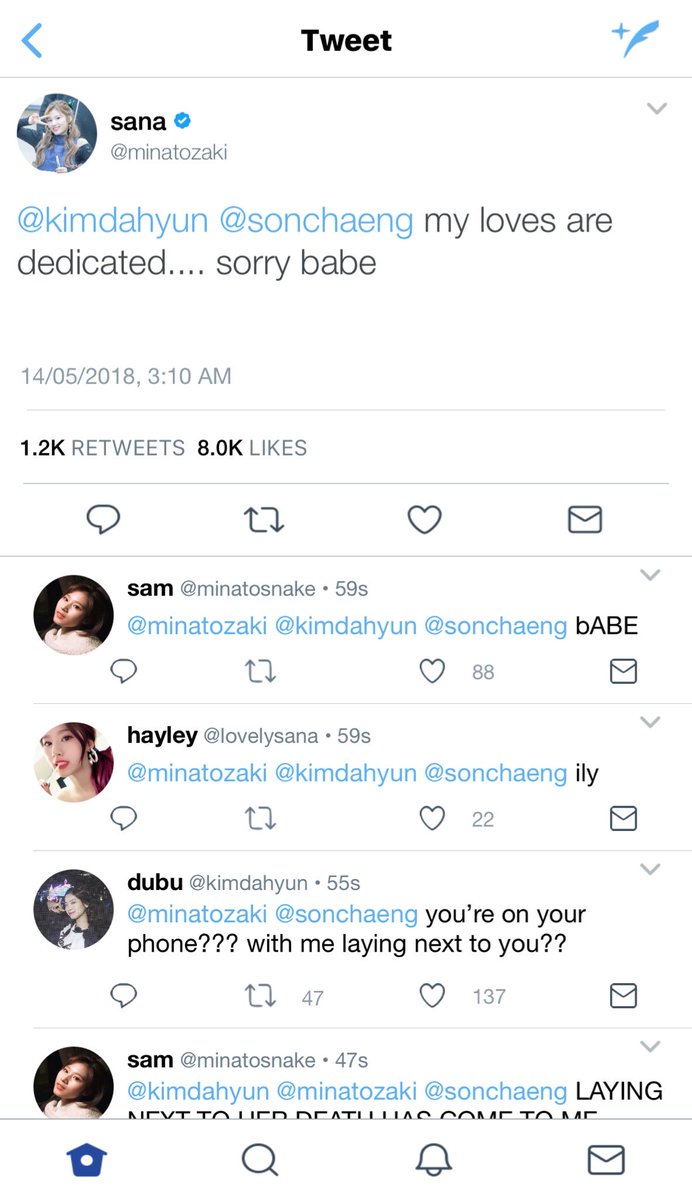 “Thank you,” Sana said with a genuine smile. “I would understand if you’re uncomfortable with the attention, I can leave you alone-““Don’t worry, I don’t mind. I like being around you.”“I like being around you too,” Sana whispered out. “Recommend me some good food from here?”