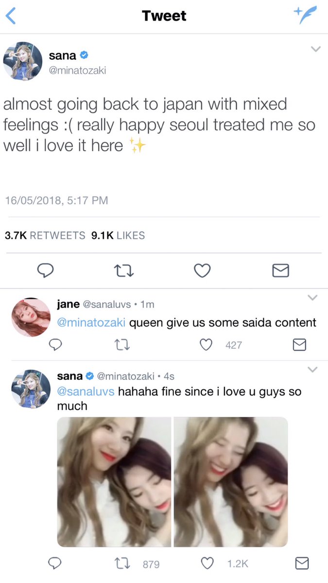 “Thank you,” Sana said with a genuine smile. “I would understand if you’re uncomfortable with the attention, I can leave you alone-““Don’t worry, I don’t mind. I like being around you.”“I like being around you too,” Sana whispered out. “Recommend me some good food from here?”