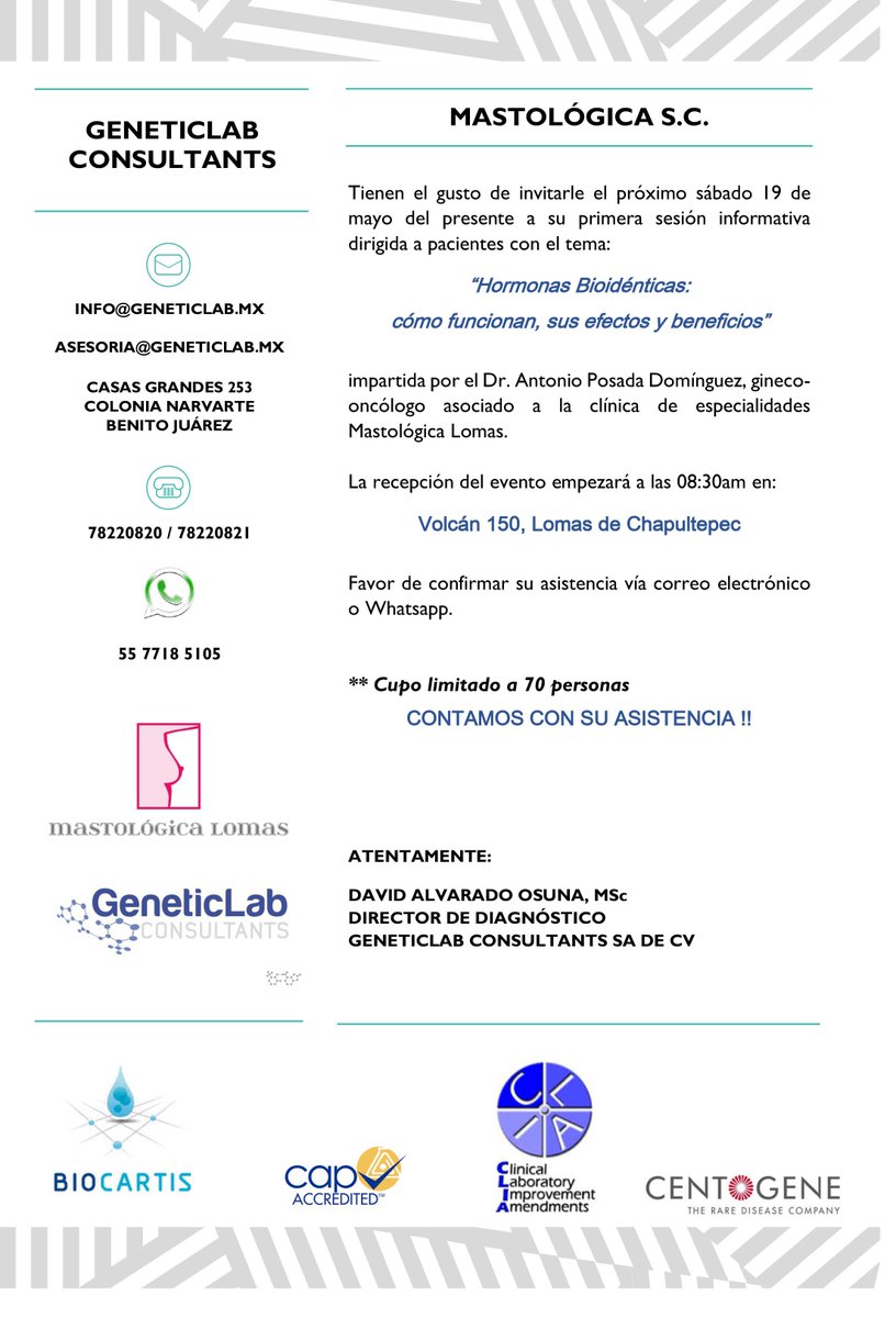 c_genetic's tweet image. Amigos, colegas, pacientes y público en general, tenemos el placer de invitarlos a nuestra primera Sesión Informativa dirigida a pacientes "Hormonas Bioidénticas: como funcionan y beneficios" esté sábado 19 de Mayo. #geneticlab