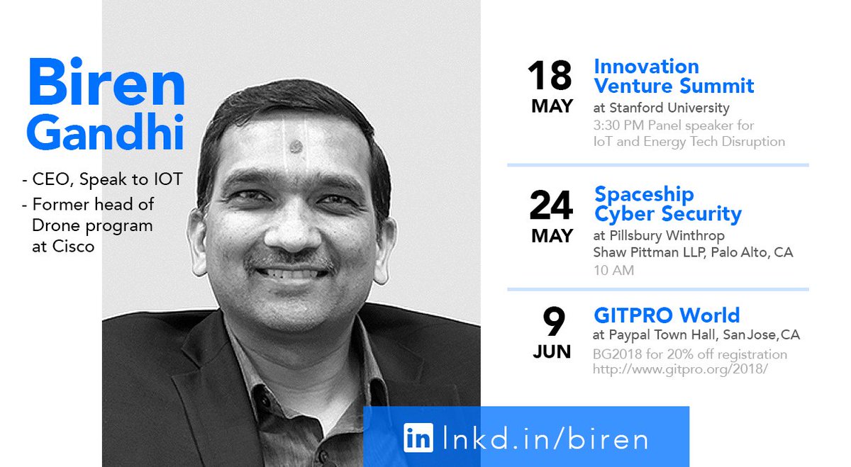 birengandhi's tweet photo. Check out my upcoming speaking engagements in #innovation, #IoT, #disruptivetechnologies, #drones, #cybersecurity, intelligent voice assistants, #AI and other cool areas. Feel free to use my discount code for #GITPRO. https://t.co/zz5kKxilLd