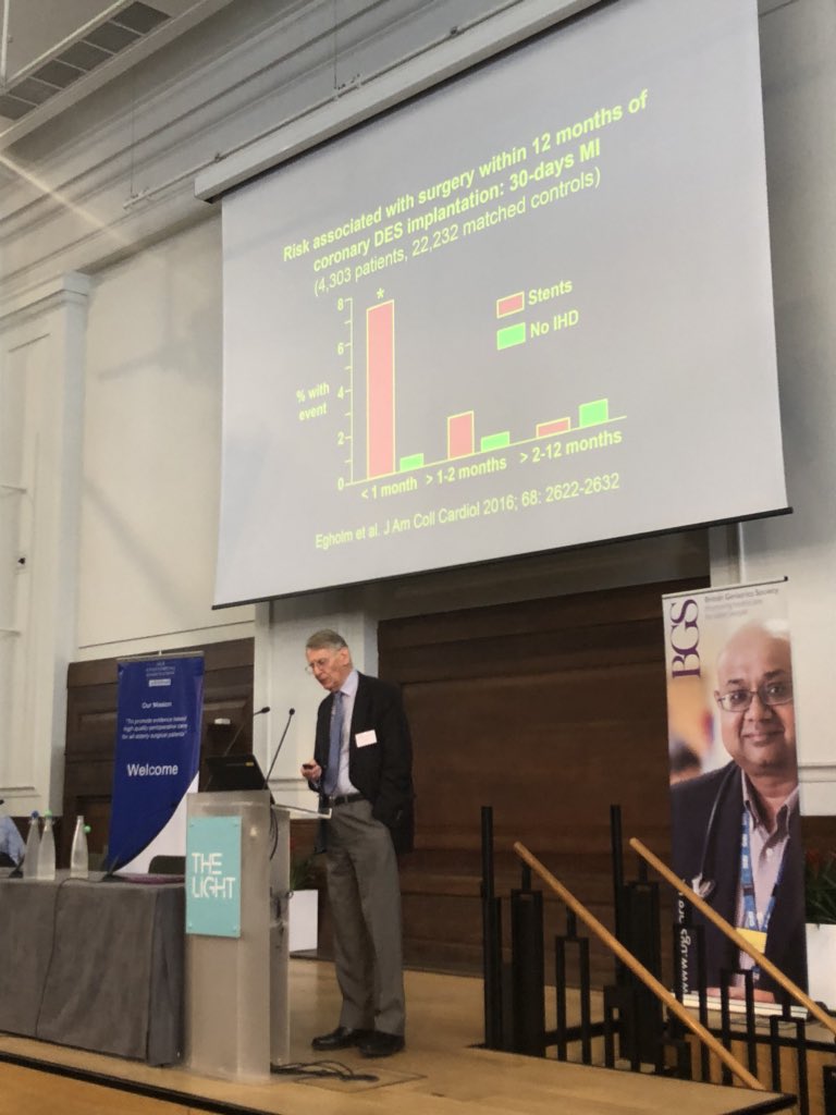 AgeAnaesthesia's tweet photo. #AAAPOPS Prof Foex detailing the risk of periopertive cardiac event after PCI. Higher in first 2 months, little difference from 2-12 months #BGSconf #AAAPOPS https://t.co/tGEKPtElS8