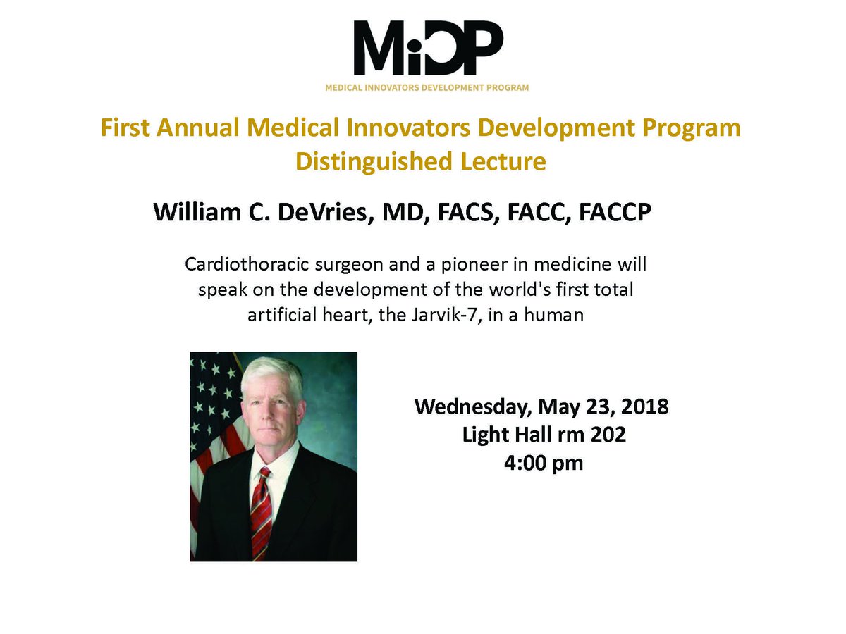 VickyLMorgan's tweet photo. Join us next Wednesday for the first @VUmidp Distinguished Lecture by Dr. William C. DeVries! #medicalpioneer #Jarvik7 https://t.co/AMasSLbtax