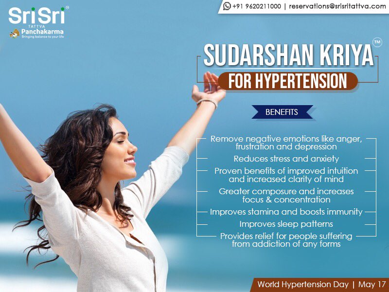 sswellbeing's tweet image. Sudarshan Kriya is a powerful breathing pattern that is highly recommended for hypertension. 
Know more – bit.ly/2qagaLj 

#WorldHypertensionDay #SudarshanKriya