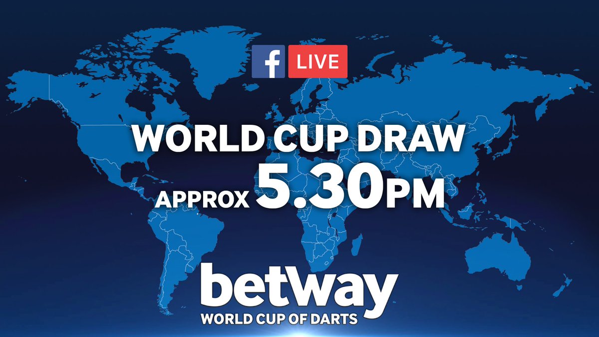 PDC Darts (@OfficialPDC) on Twitter photo 2018-05-17 16:26:10 DRAW! The @Betway World Cup of Darts draw will be coming up very shortly on Facebook and Twitter, live! DRAW! The @Betway World Cup of Darts draw will be coming up very shortly on Facebook and Twitter, live!