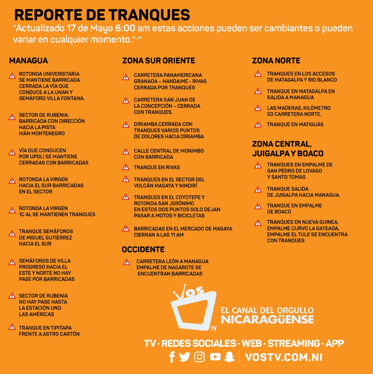 ⚠ Mapa de tranques ⚠
👉 Estos son los puntos donde este jueves 17 de mayo se reportan tranques en #Nicaragua 🇳🇮
El mapa puede variar en el transcurso del día ✅