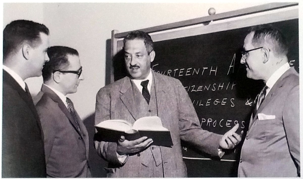 JohnQBarrett's tweet photo. #OTD 1954: #SCOTUS decides unanimously in #BrownvBoard that school segregation by race denies Fourteenth Amendment equal protection of the laws. Here's @NAACPL_LDF Director-Counsel Thurgood Marshall, Brown architect & lead counsel, in that time period, teaching the #14Am. https://t.co/cGgbgoZSNL