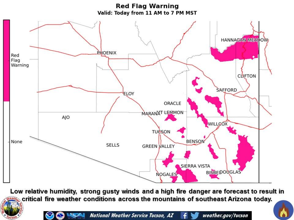 CCFirenIncident's tweet photo. #REDFLAGWARNING IN EFFECT FROM 11 AM TO 7 PM MST TODAY FOR
#STRONGWINDS #GUSTYWINDS #LOWHUMIDITY #HIGHFIREDANGER TO #VERYHIGHFIREDANGER ABOVE 5000 FEET FOR THE #MOUNTAINRANGES IN #FIREWEATHERZONE 151 152 #AzWx #NWSTucson #CochiseCounty #SantaCruzCounty #PimaCounty https://t.co/fjck4ydKQ5