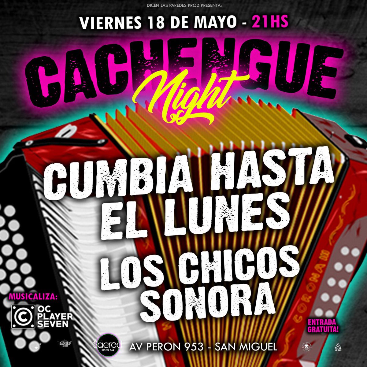 Este viernes vamos a llevar desde #paternal la #cumbiadearrabal a #sanmiguel los esperamos en SACRED !!
Entrada Gratis!!! (Capacidades limitadas)
