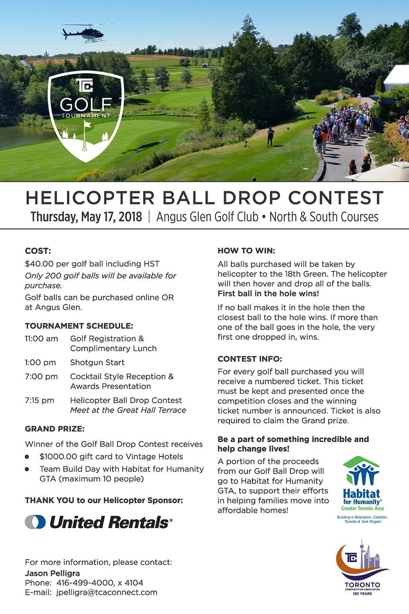 TCA_Connect's tweet photo. Huge THANK YOU to @United_Rentals for sponsoring our #TCAGolf tournament first ever Helicopter Ball Drop Contest with a portion of the proceeds going to @HabitatGTA #TCAGolfDay #giveback #construction #events https://t.co/UFtWebHAdb