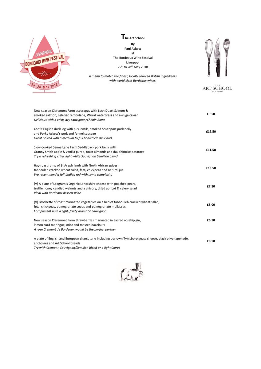 ArtSchoolLpool's tweet photo. We can't wait until next weekend when we're popping up at The #BordeauxWineFestival Liverpool. Chef @Porkyaskew's full menu can be viewed here 👉🏻https://t.co/a5jNItv0yq @CultureLpool #LivBordeaux 🍷🇫🇷 https://t.co/lkRU4aaWON