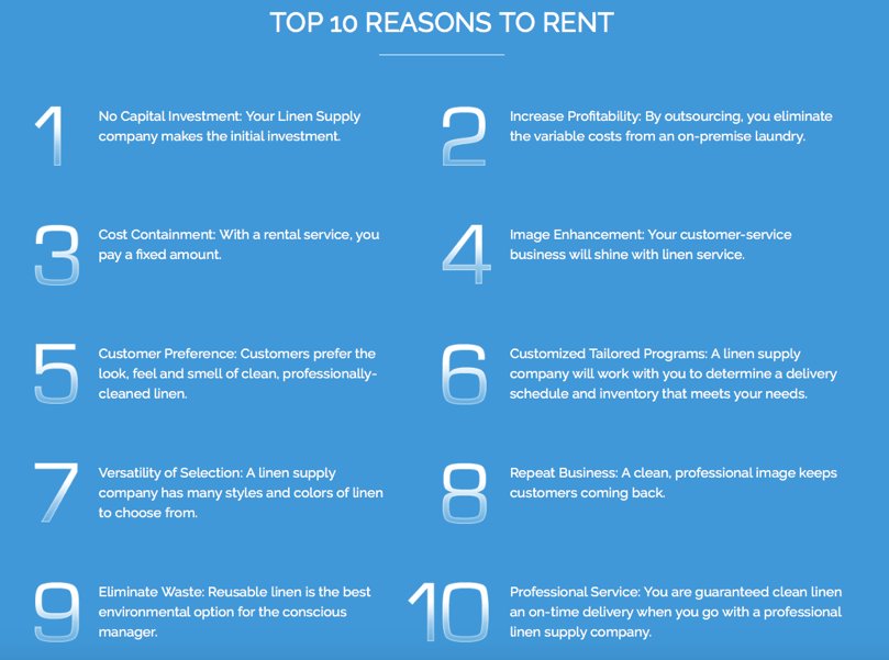 HLSOttawa's tweet photo. Here are the Top 10 Reasons To Rent. Learn more about our services at bit./ly/HLSservices and don't hesitate to contact us to explore what renting linen would look like for your business. #CommercialLinen #LinenServices https://t.co/keo9WrgkLl