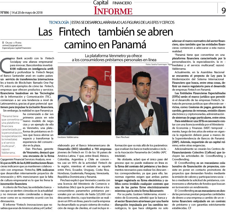 Dan Pinchasi nuestro CEO y fundador explica que Venmetro cuenta una licencia del Ministerio de Comercio e Industrias (Mici) que le permite ofrecer a los consumidores panameños préstamos personales de hasta $25.000 con descuento directo y en línea. <a href="/ElCFPanama/">Capital Financiero</a>