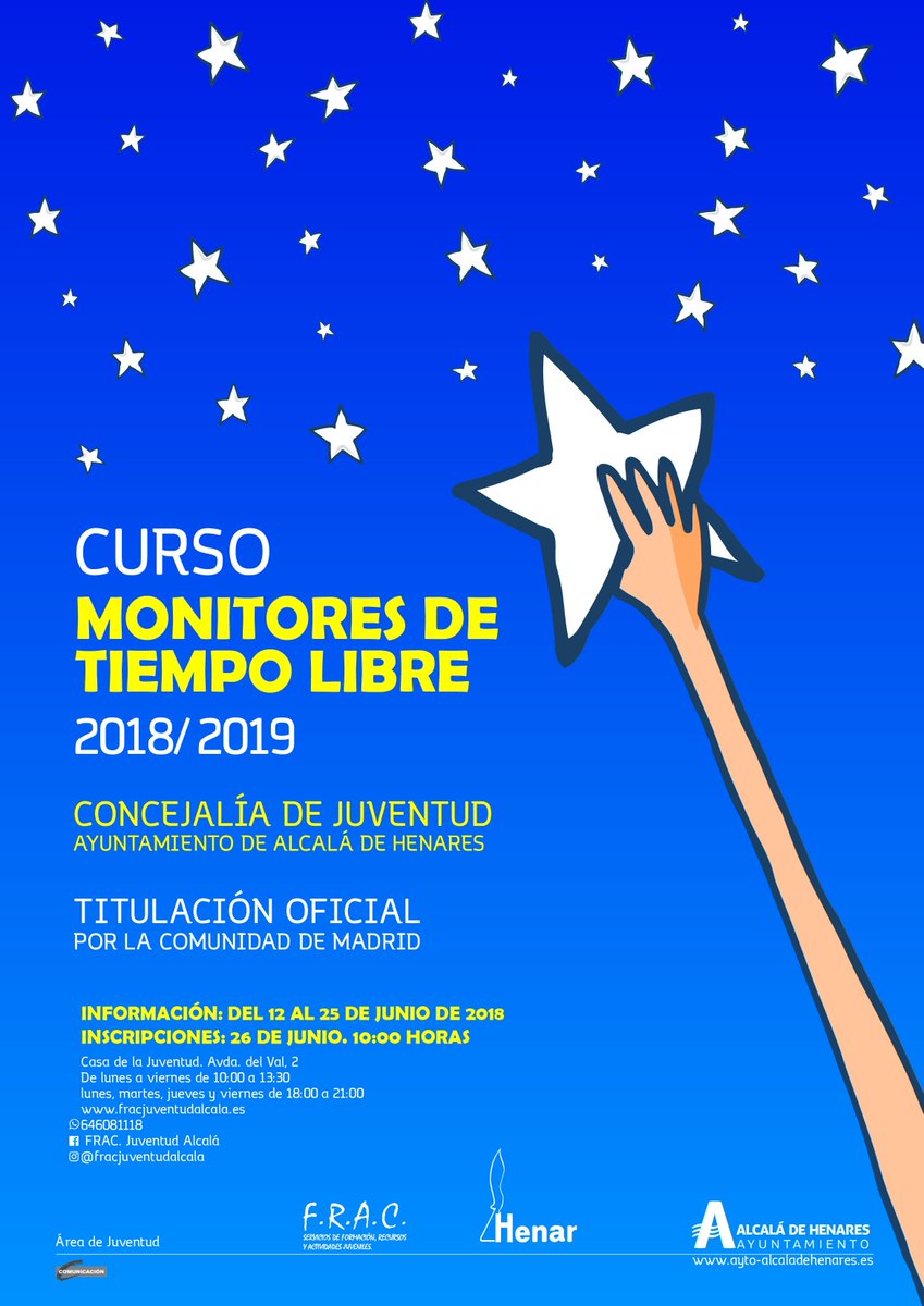 Ya tenemos el cartel del próximo Curso de Monitores de Tiempo Libre en La Juve organizado por <a href="/AHJuventud/">Juventud e Infancia</a> del <a href="/AytoAlcalaH/">Ayuntamiento de Alcalá de Henares</a>.  

<a href="/AHEducacion/">C. Educación</a> <a href="/ParticipacionAH/">Participación AytoAH</a>  <a href="/ParticipacionAH/">Participación AytoAH</a>