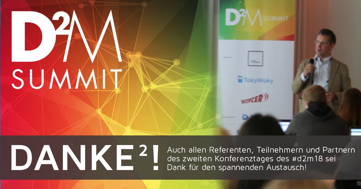 d2msummit's tweet photo. Auch für heute sagen wir nochmals DANKE für den tollen zweiten Tag beim #d2m18 - Dank geht an die Teilnehmer für die Diskussionen, die Referenten für den Input und die Partner für die Unterstützung! #luckyshareman #voycer #tokywoky #bvcm https://t.co/yhVLxBtllG