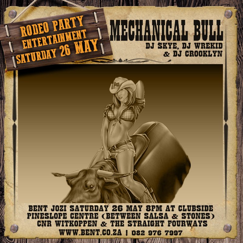 BENTJozi's tweet photo. Entertainment for the @BENTJozi RODEO PARTY Sat 26 May at Clubside: https://t.co/4E0EKALgUo #gay #lesbian #gayfriendly @Lucky_djskye @djwrekid https://t.co/ghSgs09EQj