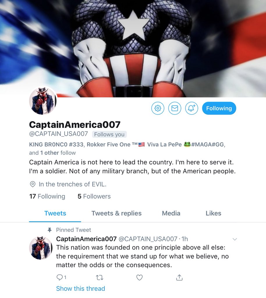 MAGAinSoCal's tweet photo. Please welcome my friend Captain America to Twitter @CAPTAIN_USA007‼️

He’s a dedicated patriot. Soldier for the American people. He stands for Truth and against Evil. 

Give him a follow and help him off to a great start. 😃 https://t.co/WymsqXVqhL