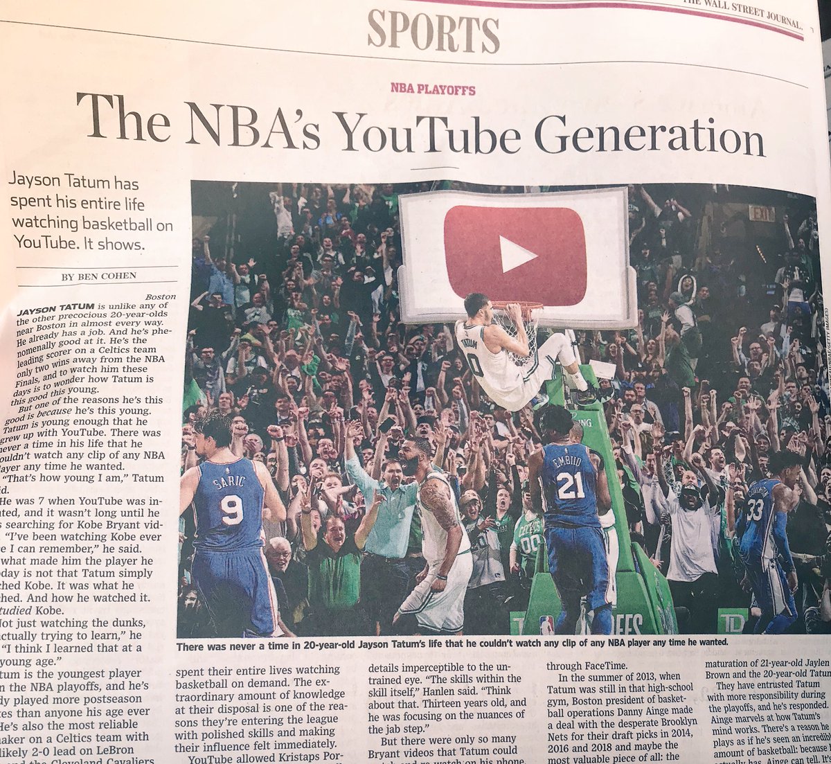 GaryScottWhite's tweet photo. We need more highlight videos in our sport! Read this article in the @WSJ today on Jayson Tatum learning as a 13yr old by watching Kobe on @YouTube! #DeliberatePractice #NoCoachNeeded #DigitalLearning https://t.co/9ziEownyzT