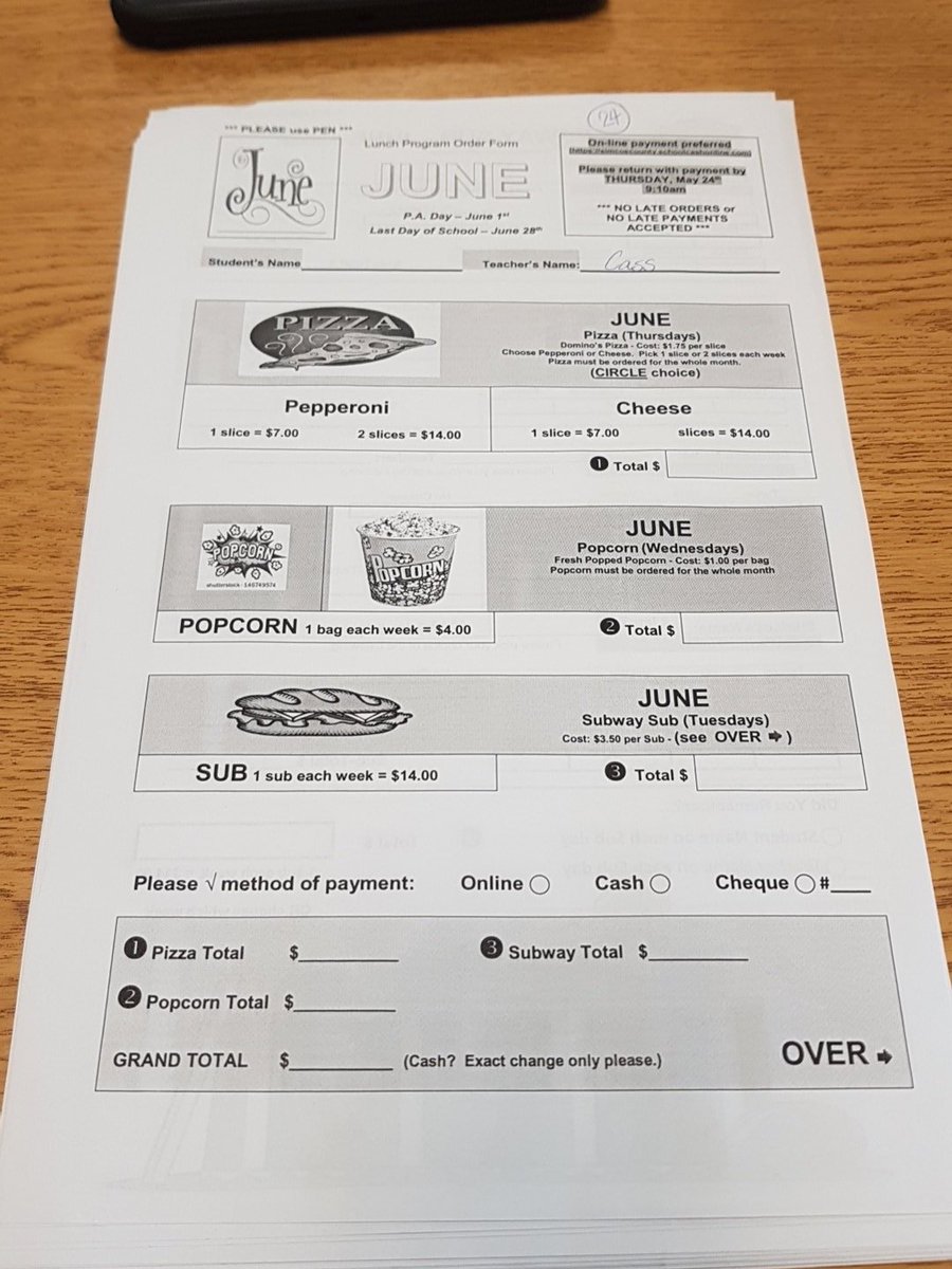 MsLKernen's tweet photo. June Lunch Order Forms will be sent home today. Orders are due by next Thursday, May 24th. @MrsCassClass https://t.co/aBxpGqNESM