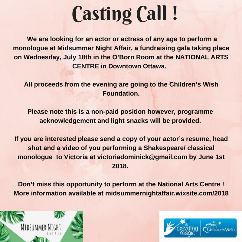 Vdominick97's tweet photo. I would like to share with you an audition opportunity to perform a monolouge at "Midsummer Night Affair" a fundraising gala at taking place in the O'Born Room @CanadasNAC  #ottawatheatre #Shakespeare #modern #comedy #acting #auditions  #ottawa #fundraising @Childrens_wish https://t.co/1dAjEvmvjG