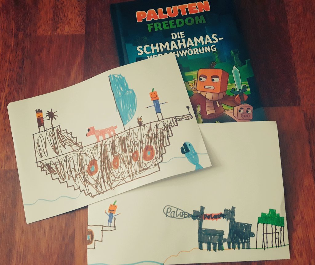 Ich lese meinem kleinen Bruder (8 Jahre) derzeit als Gute-Nacht-Geschichte <a href="/Paluten/">Paluten</a> 's super tohles Buch vor. Und er findet es so cool, dass er in der Schule Fanarts gezeichnet hat.😍😍