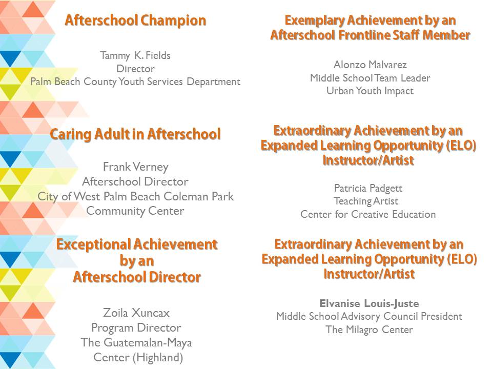 PrimeTimePBC's tweet photo. We encourage excellence &amp; professionalism in the field of afterschool. We asked for your help in nominating your peers for their commitment to quality standards, dedication to the children and contributions to the afterschool field. Winners are.... #advancingasawards #qualityOST https://t.co/HXbVk7iKLC