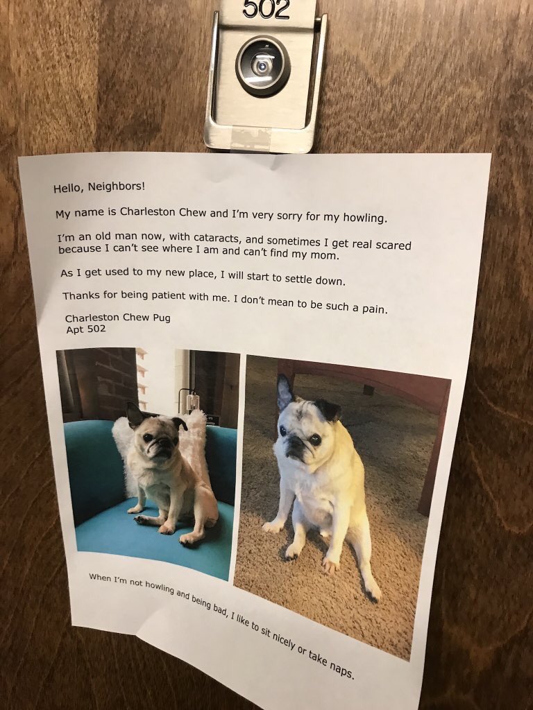 A Cute Apology Note From an Owner for howling Senior Pug