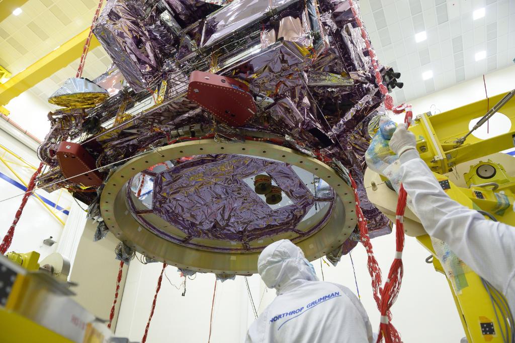 northropgrumman's tweet photo. Check out new photos of @NASAWebb #spacecraft element! Photos showcase the #Webb spacecraft bus and sunshield, being lifted and prepped for mechanical shock testing at our facility in Redondo Beach, #California. 
#JWST #NorthropGrumman #NASA #space #tech #telescope #astronomy https://t.co/umu7v3r888