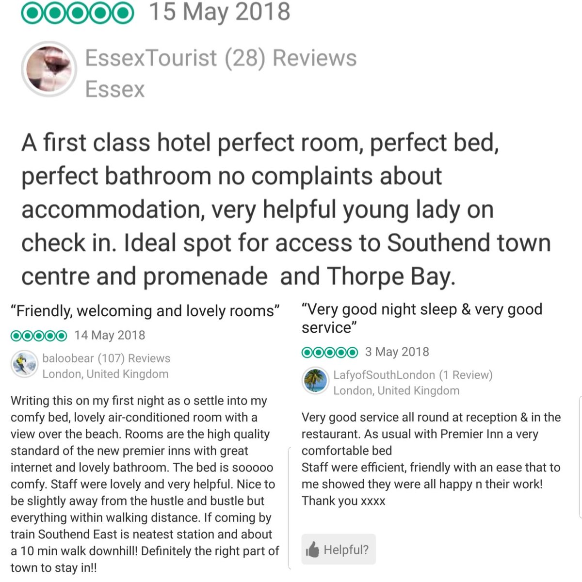 Some 5* reviews for Southend Eastern Esplanade #firstclass #perfect 💚 <a href="/gillklarin/">Gillian Klarin</a> <a href="/essexarea/">Premier Inn Essex Area</a> <a href="/placemadebyyou/">A Place Made By You</a>