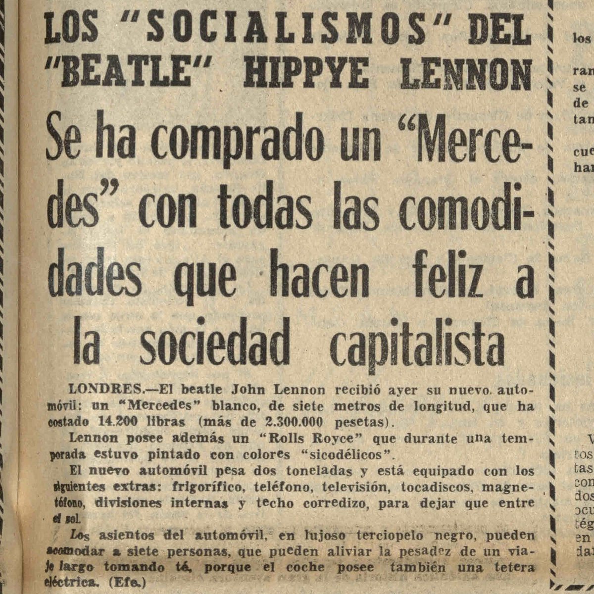 Javikinkman's tweet photo. La prensa española de 1970 ataca a Lennon, «socialista» y «hippye» [sic], porque  «se compra un Mercedes con todas las comodidades capitalistas». https://t.co/rdCmgweXLm