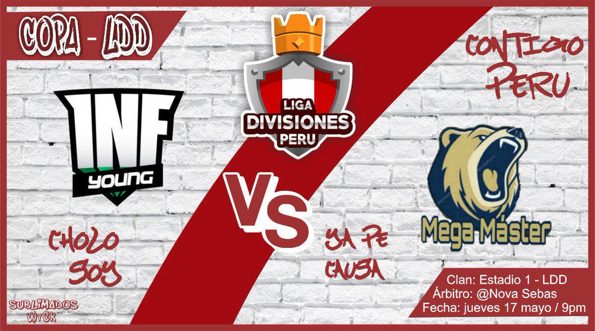 📅 Jueves 17 mayo 
⏰ 09:00 pm 🇵🇪
⚔ @infamousyoungCR 🆚 @MegaMaster_CR
🏆 @Liga_DivisionPE
🏅 COPA DIVISIONES PERÚ (1ra Ronda)
🏁 Árbitro: <a href="/Stephano_CR/">Nova l Sebas❤❤</a>
📺 Cáster: @gpgaboo