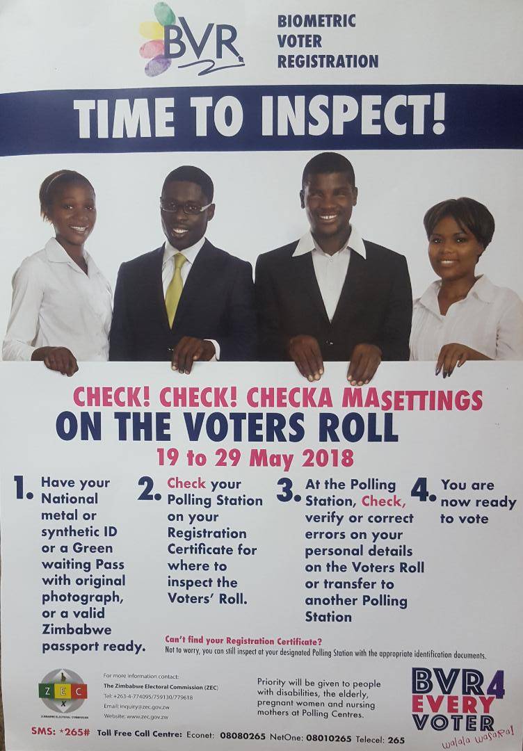 nascohzw's tweet photo. Time To Inspect! There will be a provisional voter's roll inspection from 19 May to 29 May 2018 conducted by ZEC. The aim is to check for correctness and completeness of voters details. Inspection will be at polling stations. #DisabilityVoteMatters #BVRZW #usasarire #ungasaleli https://t.co/WdTWbwWJft