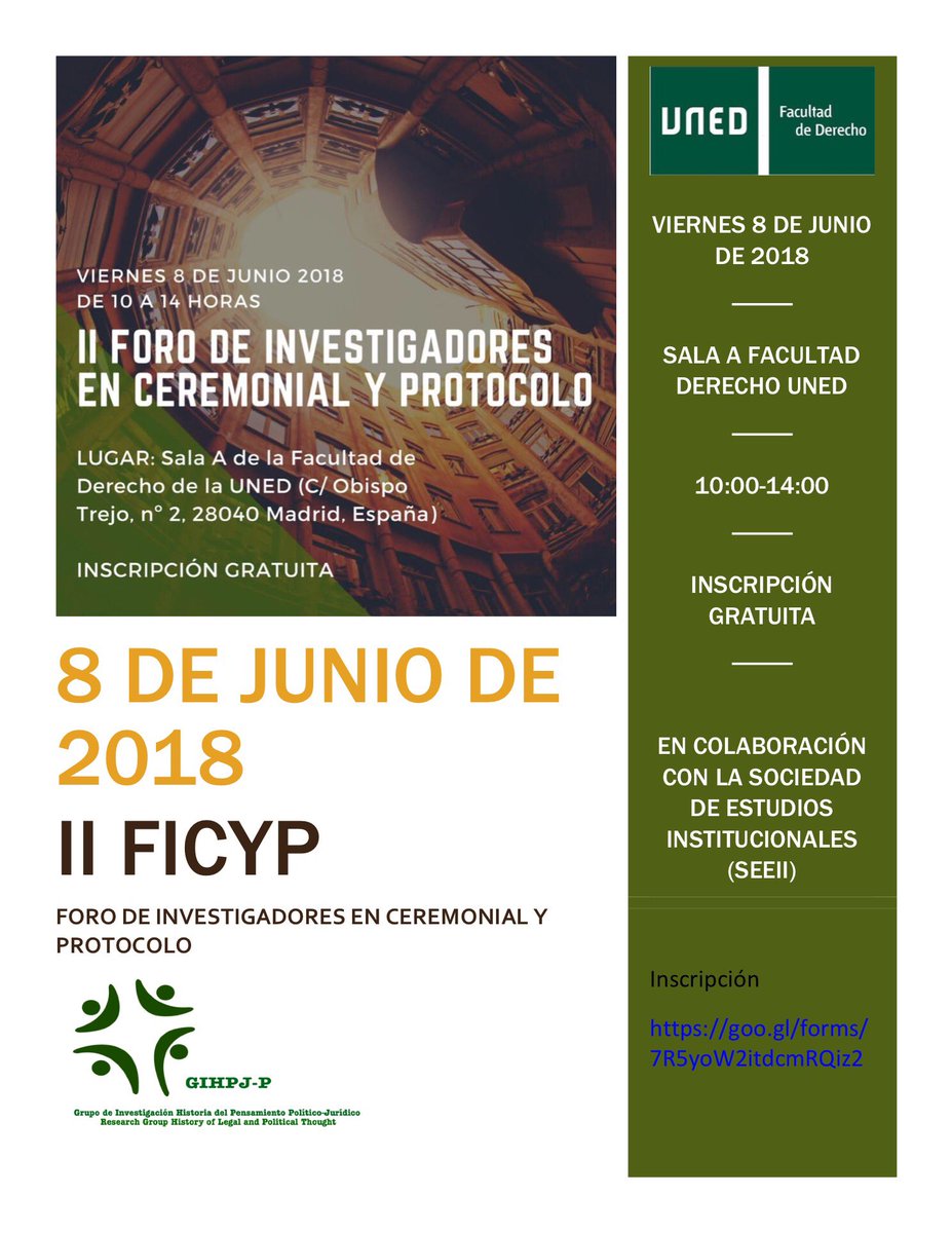 ProtocoloUNED's tweet photo. Todo listo para el II #FICYP Foro de investigadores en #Ceremonial y #Protocolo Se emitirá a través de Canal UNED - UNED Sólo se certificará a los asistentes presenciales que son los que deben inscribirse. Los demás pueden verlo en directo. 8 junio 10-14h
https://t.co/mtRgzq9US6 https://t.co/gqwE8gOtLZ