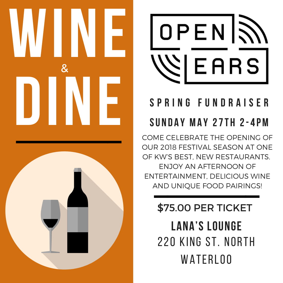 Celebrate the opening of <a href="/openearsfest/">Open Ears Festival</a> at their Spring Fundraiser, coming up Sunday May 27 at <a href="/LanasLoungeKW/">LanasLounge</a>! What beats live music and wine &amp; food pairings? Tickets: ow.ly/As9930jSD0a 🍷🍷