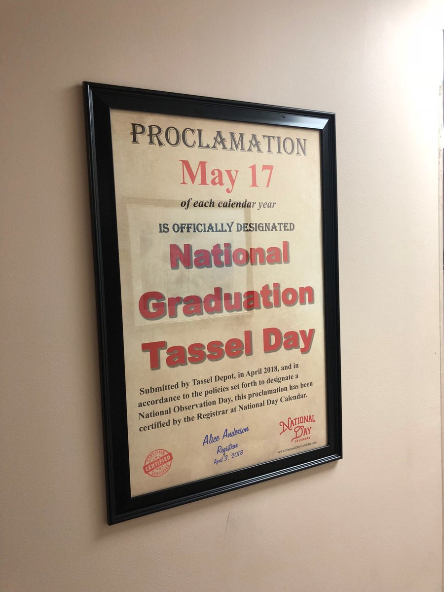 TasselDepot's tweet photo. On the wall at Tassel Depot! We're officially making it official that every May 17th will be known as #GraduationTasselDay. 🎓 #Classof2018 https://t.co/pEWQaLno5v