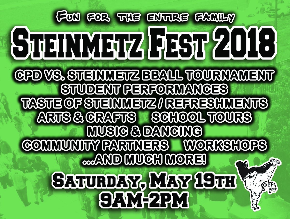 CantySchool's tweet image. No plans this weekend? No problem! Head on over to @SteinmetzCPHS for the 2018 STEINMETZ FEST! Activities include a CPD vs Steinmetz Basketball game, Dowling's Dancers (Gym Class Dance Project), Graffiti Art, Break Dances, and more.
cantyschool.org/news--announce…