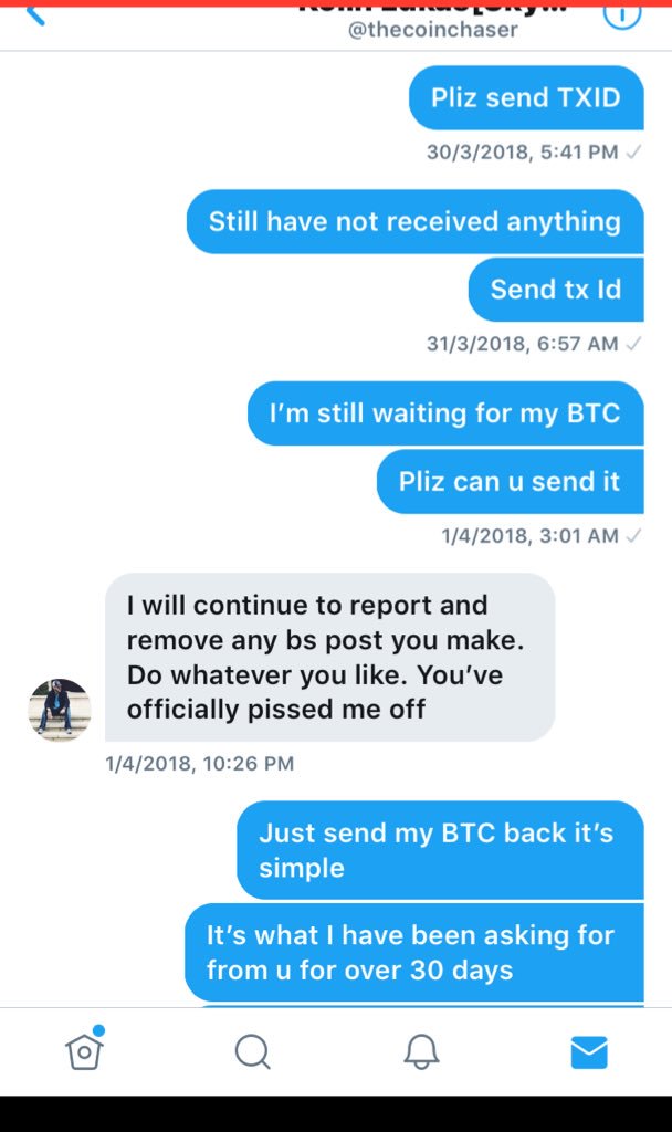 unknowncrypto3's tweet image. After months still no BTC has been returned by kolin Lukas aka #coinchaser $coinchaser. After I called him out on Twitter he blocked me .