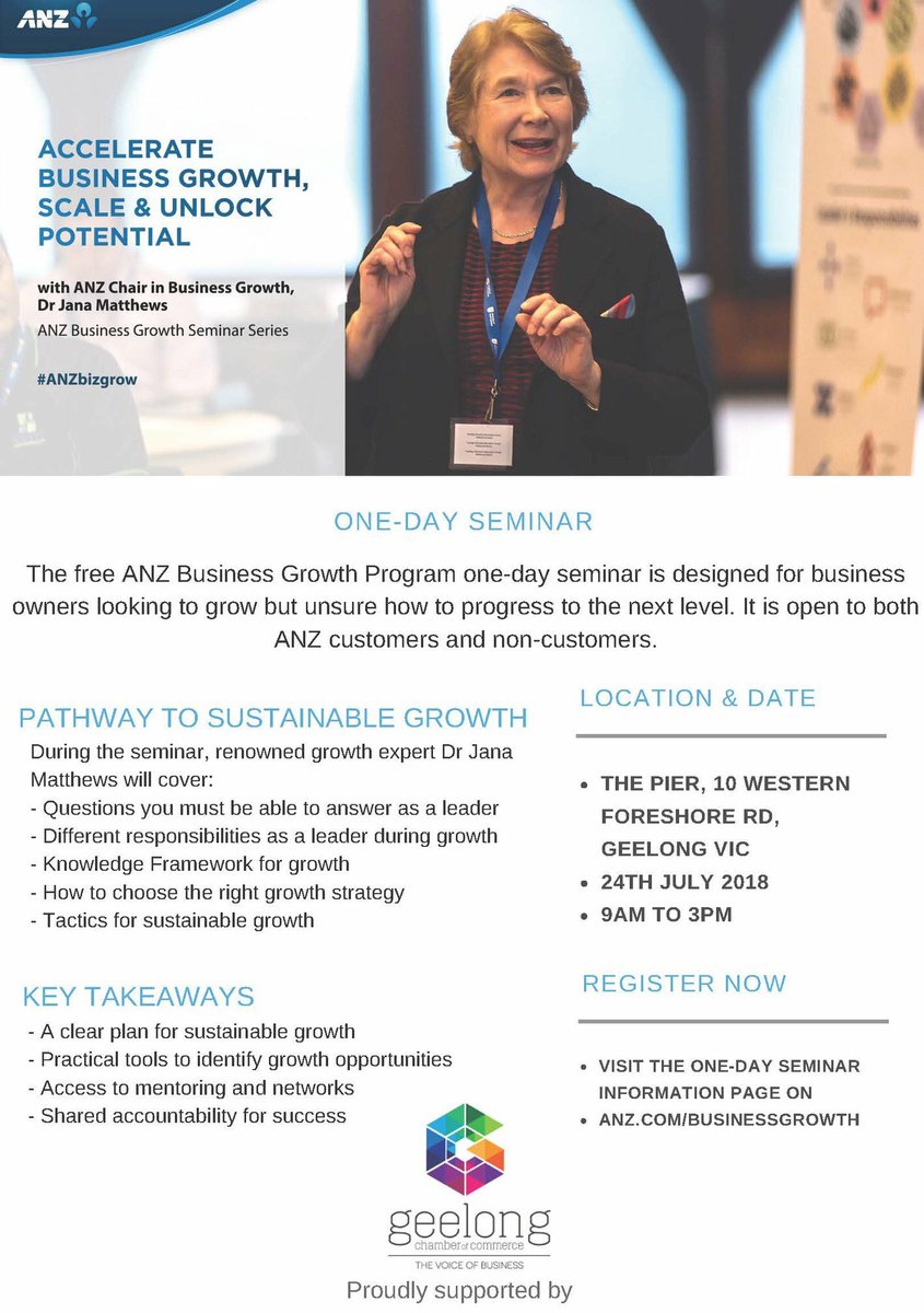 ANZ and the Geelong Chamber of Commerce are bringing the Business Growth Seminar to Geelong.
 #ANZbizgrow <a href="/LLSexton23/">Lionel Sexton</a> <a href="/ANZ_AU/">ANZ Australia</a> <a href="/JanaMatt/">Jana Matthews</a> <a href="/GeelongChamber/">Geelong Chamber of Commerce</a> <a href="/Cunninghamp55/">Paul Cunningham</a> <a href="/CunninghamPier/">Cunningham Pier</a> <a href="/timothywhitelaw/">Tim Whitelaw</a>