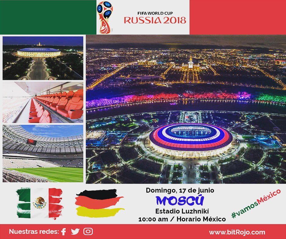 bitrojomx's tweet photo. “A 30 días ya sentimos la Pasión de Rusia 2018” 🇲🇽⚽️🇩🇪
_______________________
📆 Domingo 17 Junio
📍 Moscú
🏟 Estadio Luzhnikí
🕔 10:00 am Horario México

#rusia2018 #vamosMexico #vivaMexico #tricolor #pontelaverde #futbol #Mexico 🔴 #bitRojo https://t.co/8uYmTpmFZ6