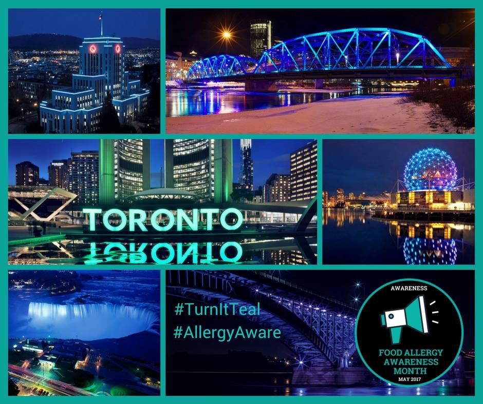 FoodAllergyCAN's tweet photo. TOMORROW! Niagara Falls & Markham will be a sea of teal in support of #FoodAllergyAwarenessMonth! Head out to Niagara Falls, the Peace Bridge, or the City of Markham Civic Centre, then snap a picture, tag it #allergyaware, and share it! #turnitteal https://t.co/VnsGVOBu6e https://t.co/avbM0zPDSg