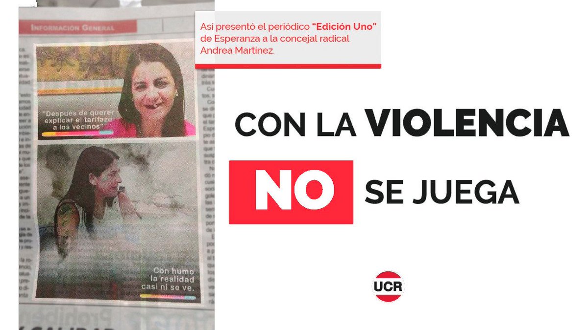 UCRNacional's tweet photo. Con la violencia no se juega. Nuestro apoyo a la concejal de Esperanza @andrea_mart2013, víctima de esta parodia inadmisible del maltrato que sufren miles de mujeres en nuestra sociedad.

Repudiamos la publicación y requerimos la rectificación pública. https://t.co/k1C5ZvOSrk