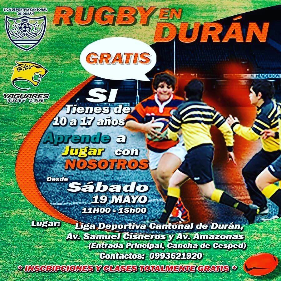 WachoQuimiTC's tweet photo. La escuelita de Yaguares RC se amplia, llegando ahora a la liga deportiva cantonal Durán y dando apertura e inauguración este sábado 19 de mayo.
📍Liga deportiva cantonal Durán 
🕓11:00 am🎥✌ https://t.co/urjizBfFPd
