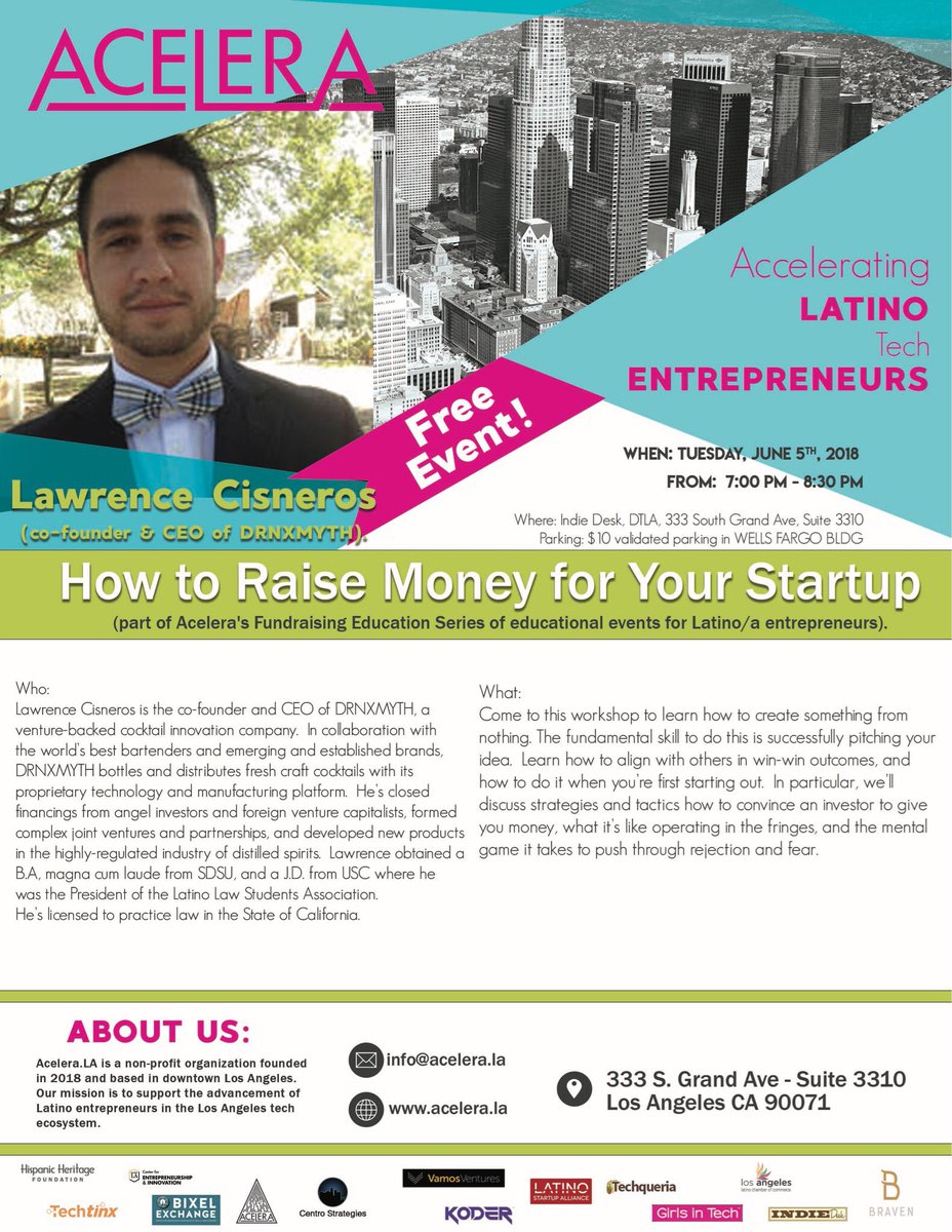 aceleraLA's tweet photo. Tuesday, June 5, 2018 from 7:00 pm - 8:30 pm
@indiedesk DTLA, 333 South Grand Ave, Suite 3310 https://t.co/4YZm4lt86z